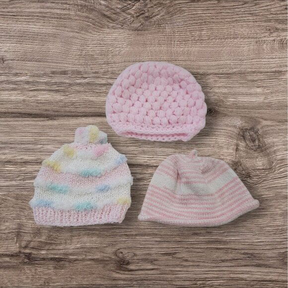 Hand Knit Baby Infant Girl Hats Lot Of 3 - Picture 1 of 7